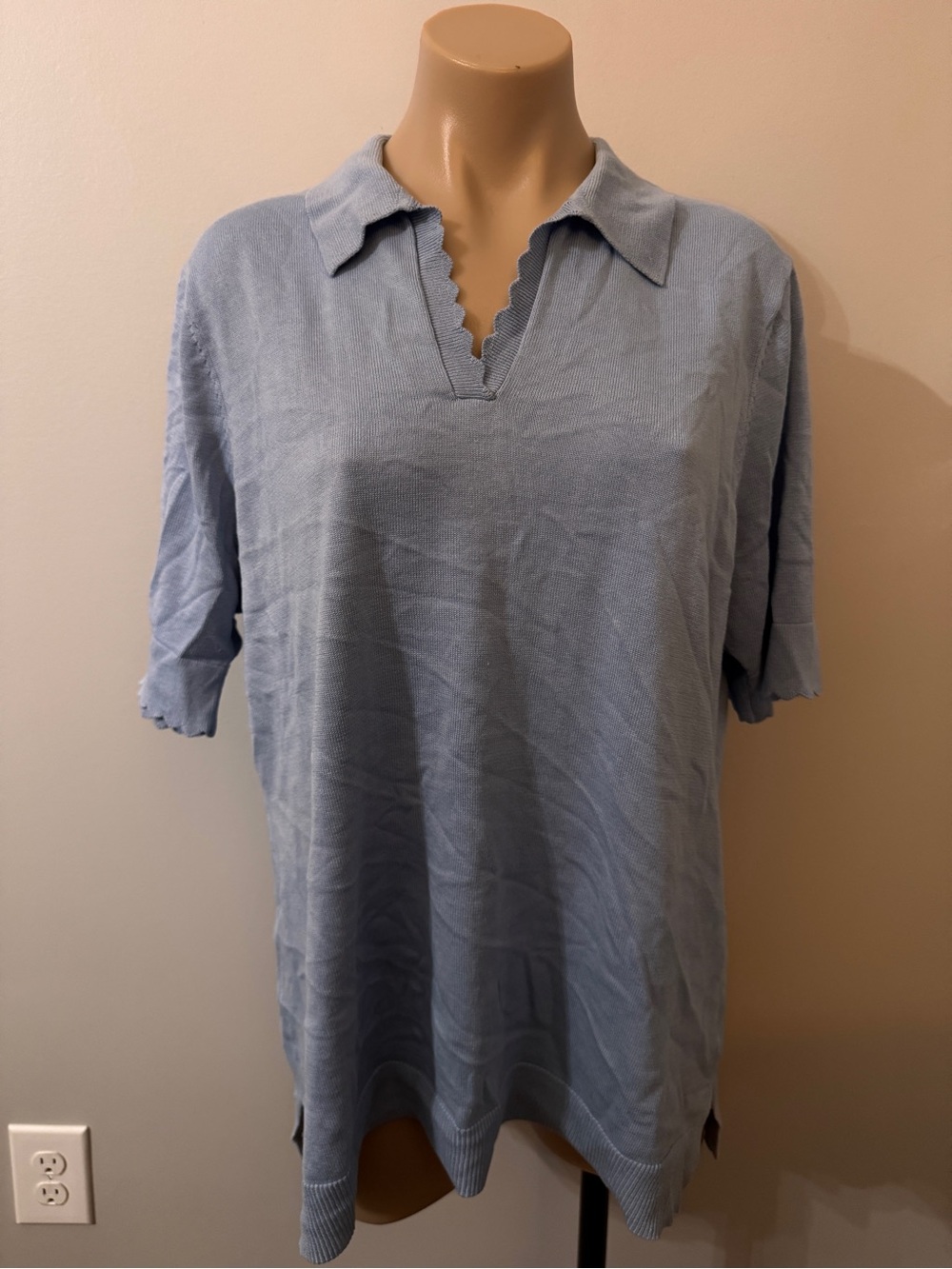 Isaac Mizrahi Live Blue Scalloped Short Sleeve Sweater Collar Large